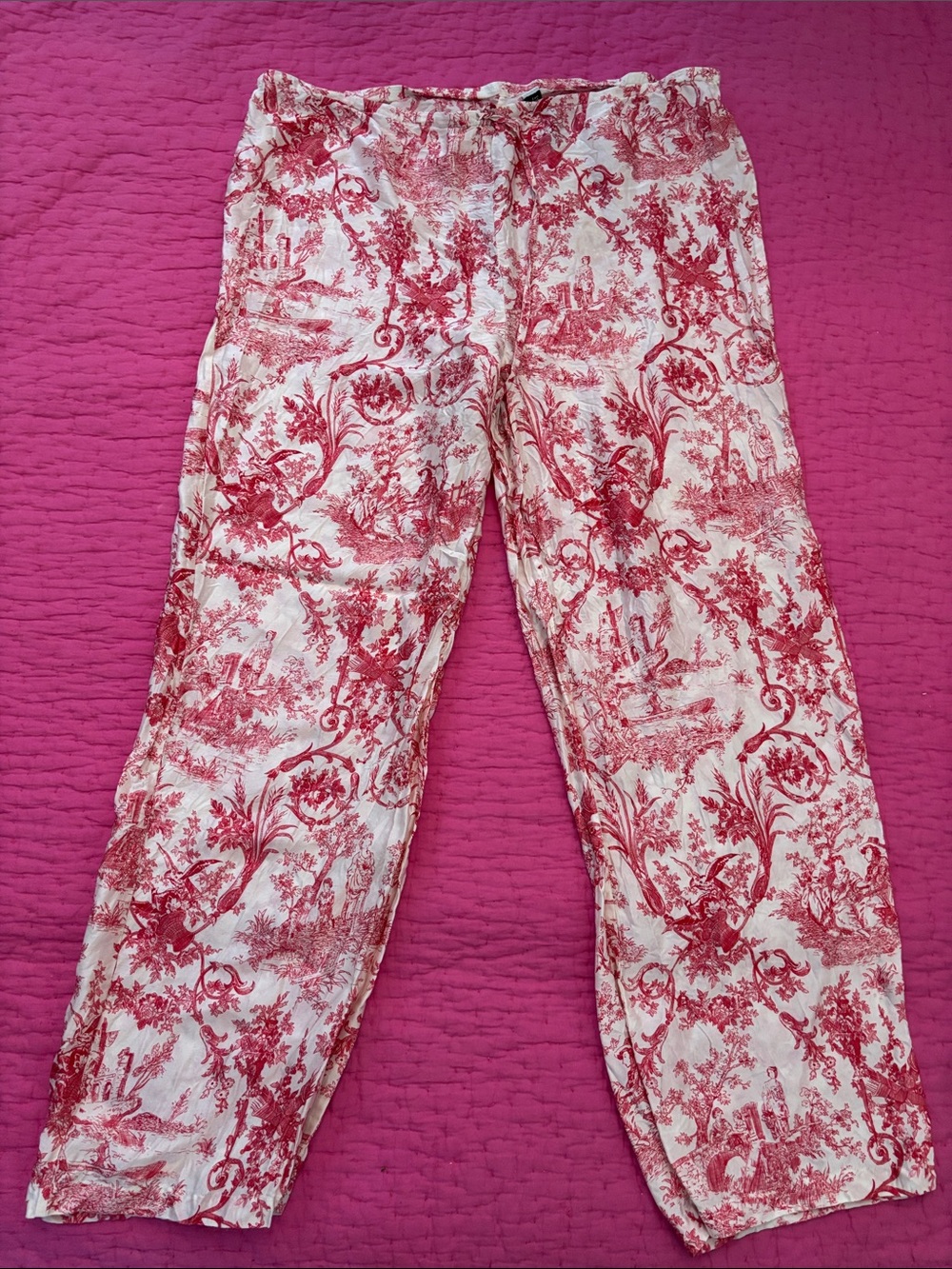 August Moon Women's Pink Toile Print Wide-Leg Pants, 100% silk, M